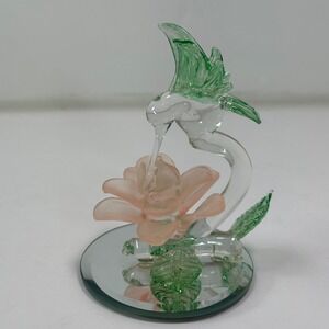 Hand Blown Glass Hummingbird Rose Figurine Delicate Pink Flower Green Bird